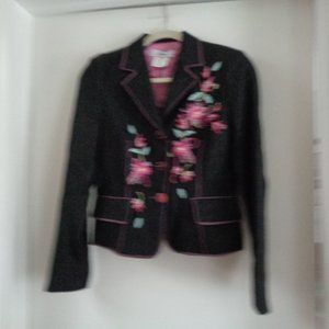 Black Denim Look Jacket Pink Floral Embroidery Detailed Seams S